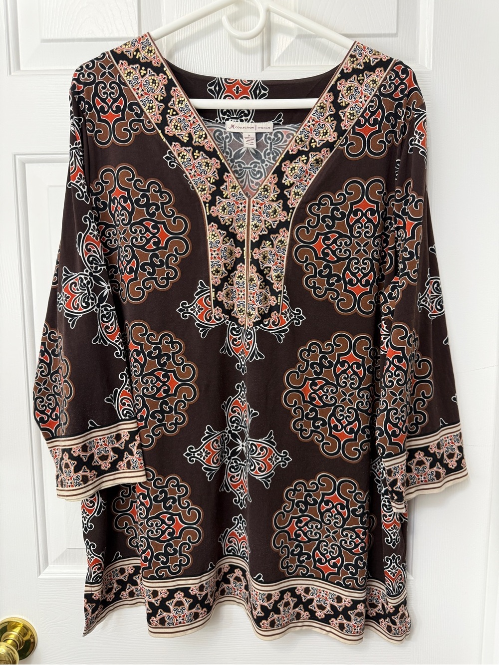 JM Collection Brown Printed V-Neck Tunic with Multicolor Medallion Design